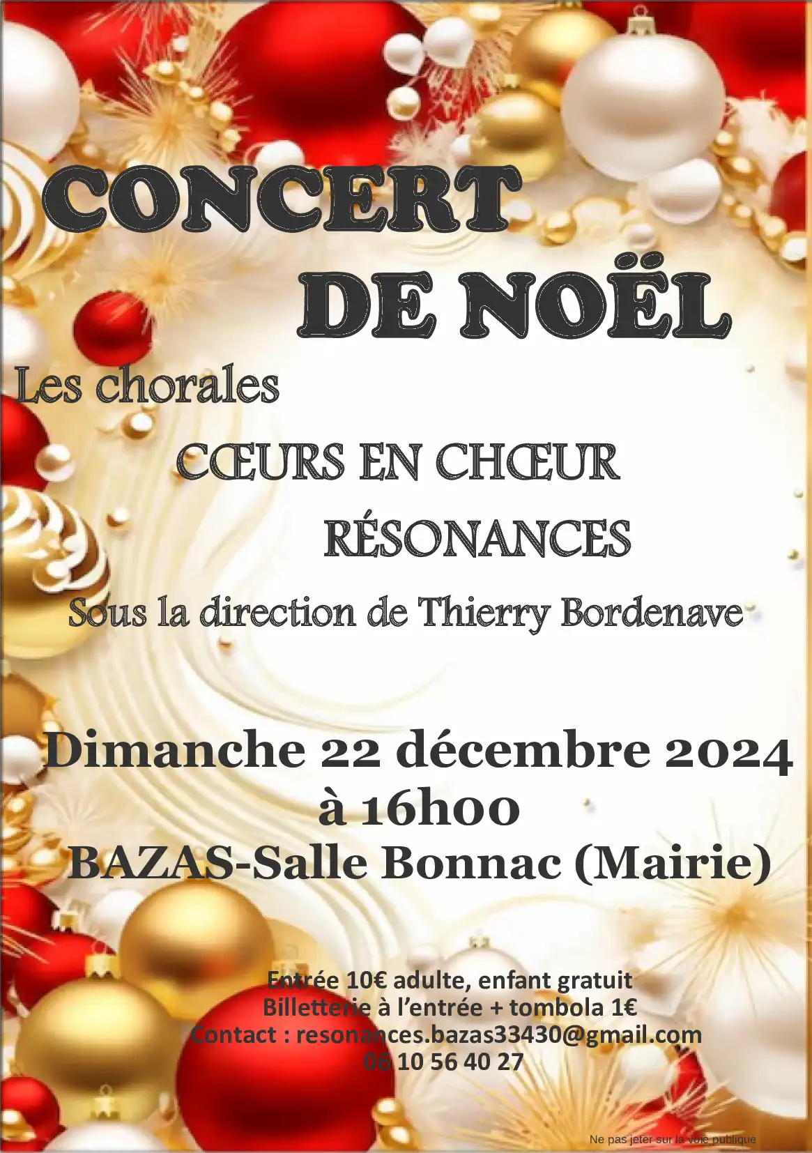 Flyer du concert de Noël 2024 avec les chorales Cœurs en Chœur de Langon et Résonances de Bazas à l'église de Langon.