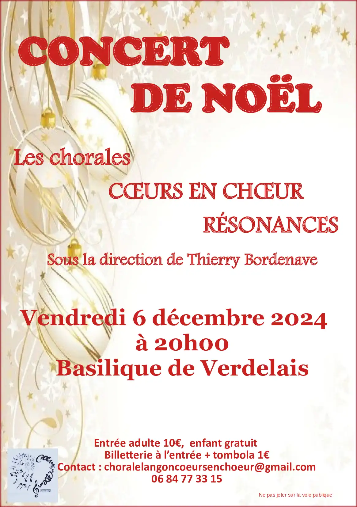 Flyer du concert de Noël 2024 des chorales Cœurs en Chœur de Langon et Résonances de Bazas à la Basilique de Verdelais.