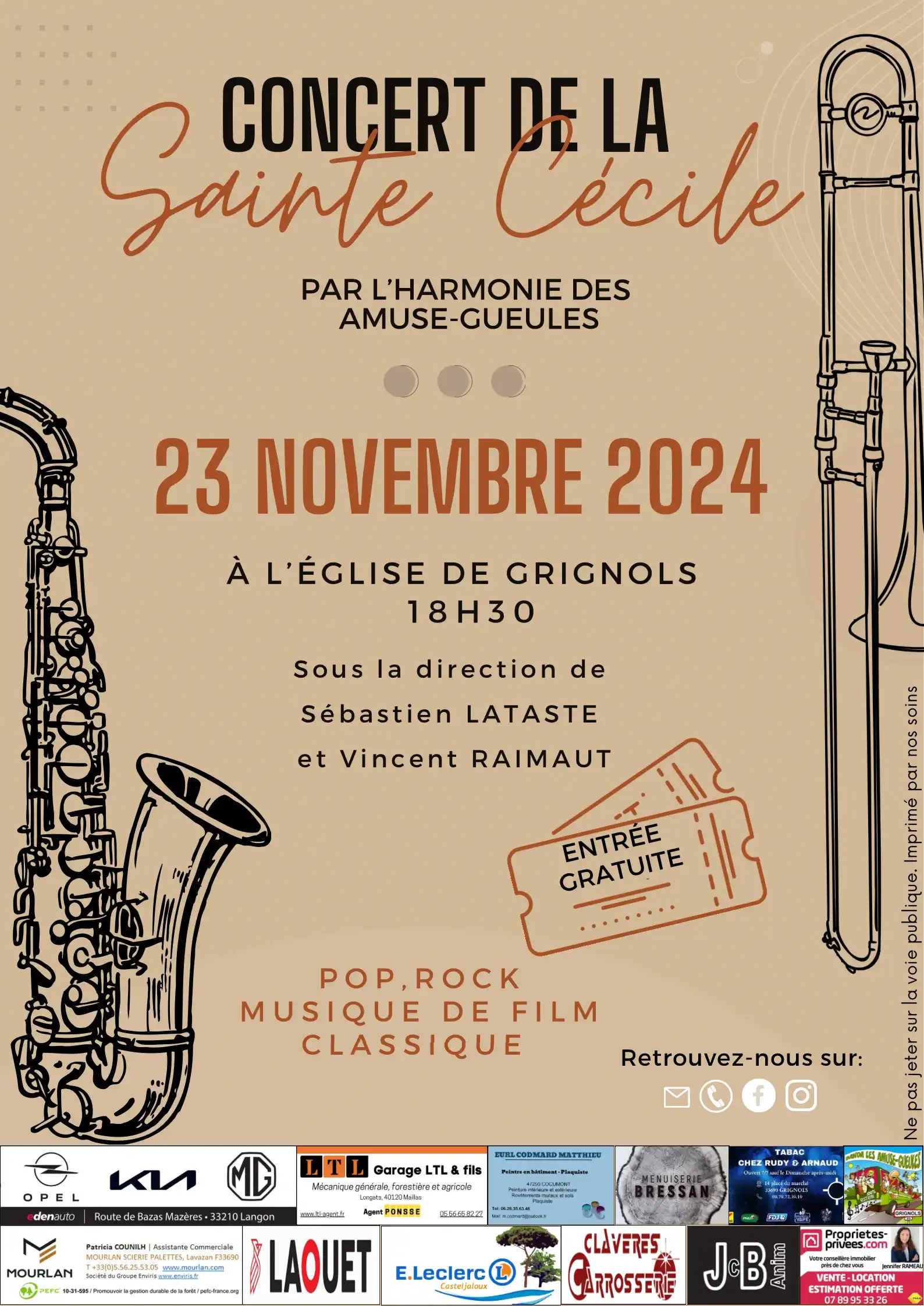 Flyer du concert de la Sainte Cécile 2024 de l'harmonie de Grignols à l'église de Grignols.