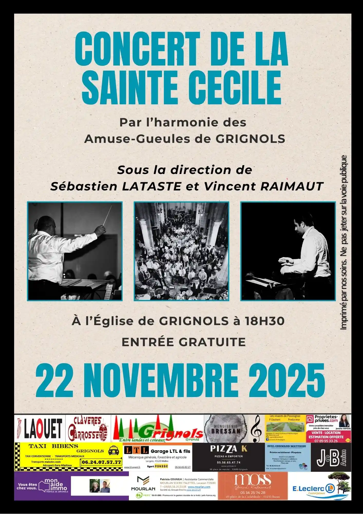 Flyer du concert de la Sainte Cécile 2025 de l'harmonie de Grignols à l'église de Grignols.
