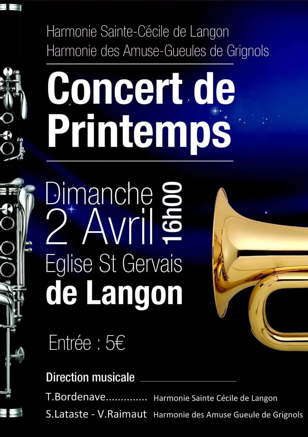 Flyer du concert de printemps en avril 2017 avec l'Harmonie des Amuse-Gueules de Grignols à l'Eglise de Langon.