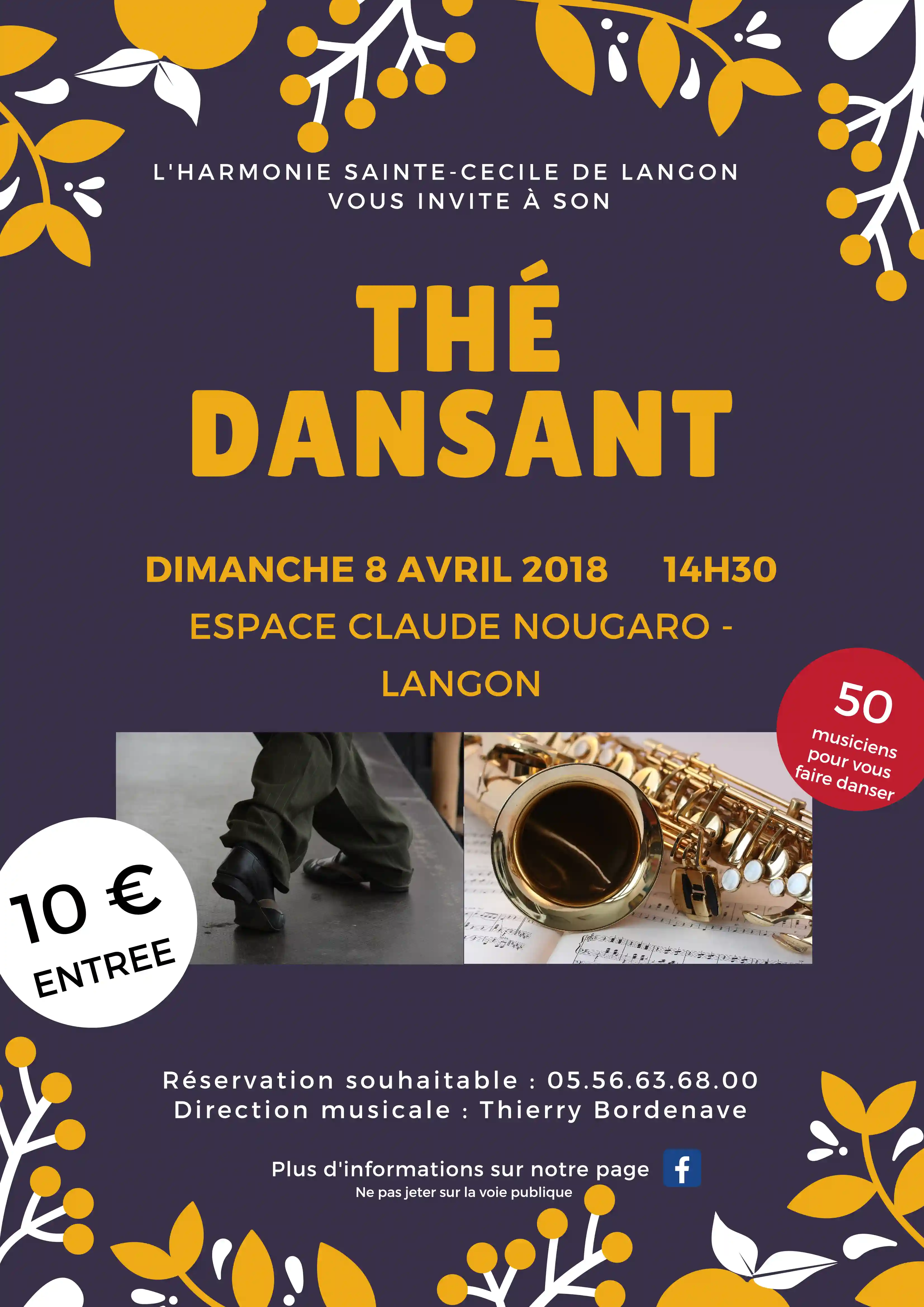 Flyer du thé dansant en avril 2018 à l'Espace Claude Nougaro de Langon.
