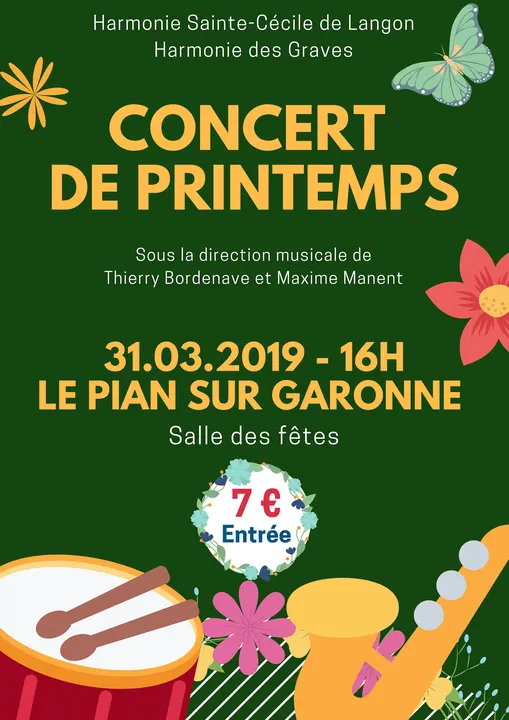Flyer du concert de printemps en mars 2019 avec l'Harmonie des Graves à la Salle des Fêtes du Pian Sur Garonne.