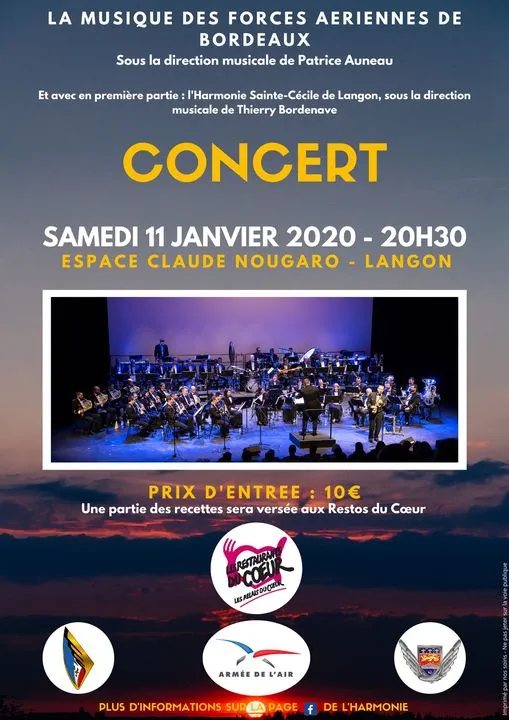 Flyer du concert avec la Musique des Forces Aériennes de Bordeaux en janvier 2020 à l'Espace Claude Nougaro de Langon.