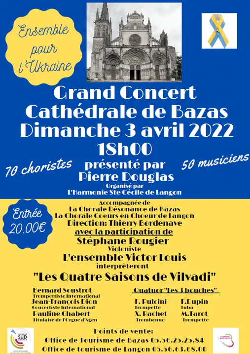 Flyer du concert Ensemble pour l'Ukraine en avril 2022 à la Cathédrale de Bazas.