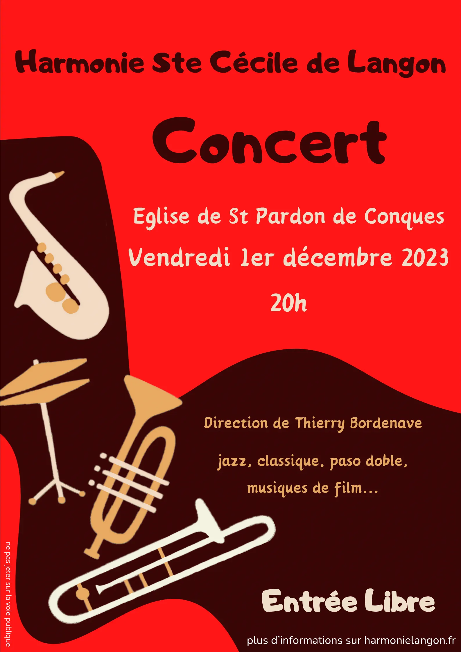Flyer du concert de la Sainte Cécile en décembre 2023 à l'Eglise de St-Pardon-de-Conques.