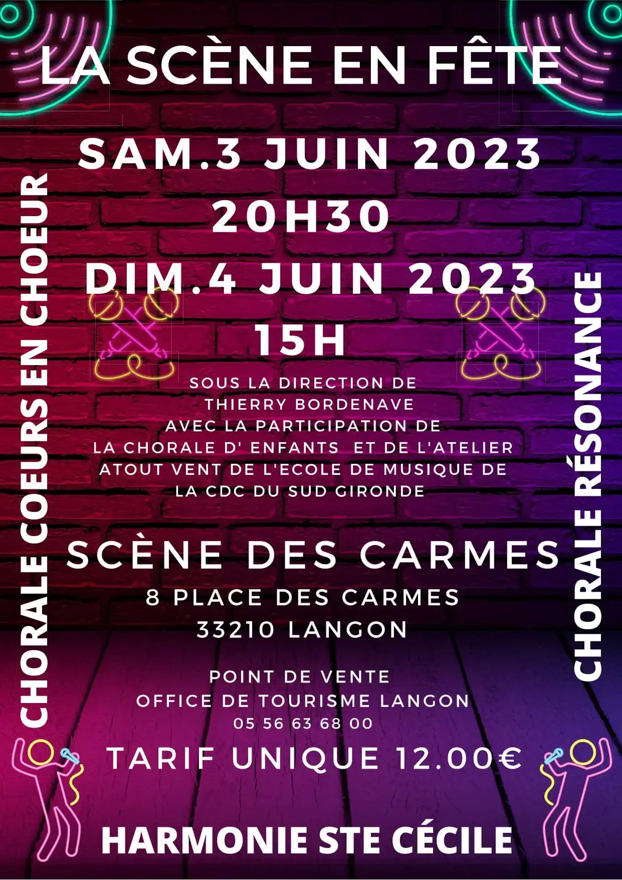 Flyer des concerts La Scène en Fête en juin 2023 au Centre Culturel des Carmes de Langon.