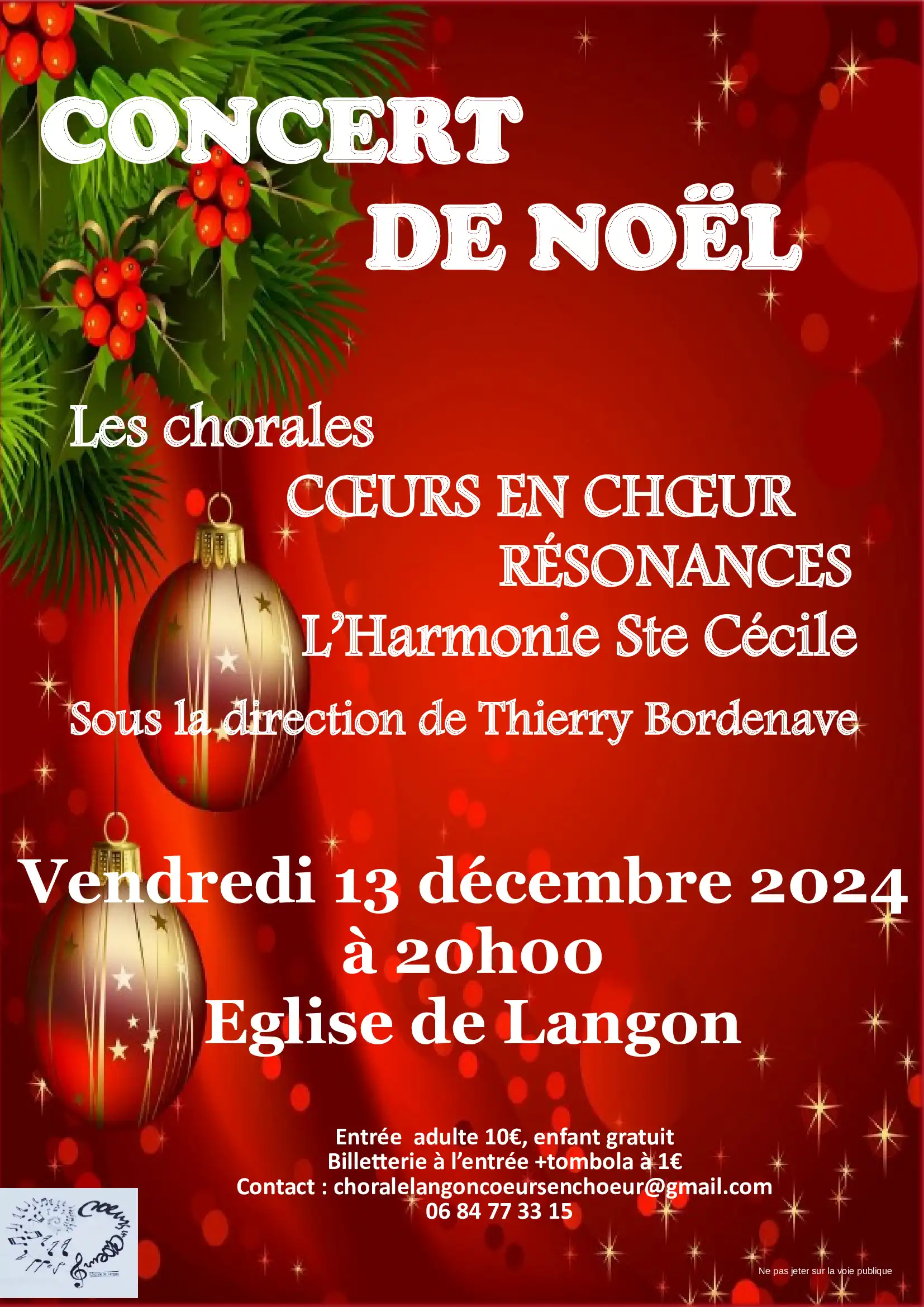 Flyer du concert de Noël 2024 avec les chorales Cœurs en Chœur de Langon et Résonances de Bazas à l'église de Langon.