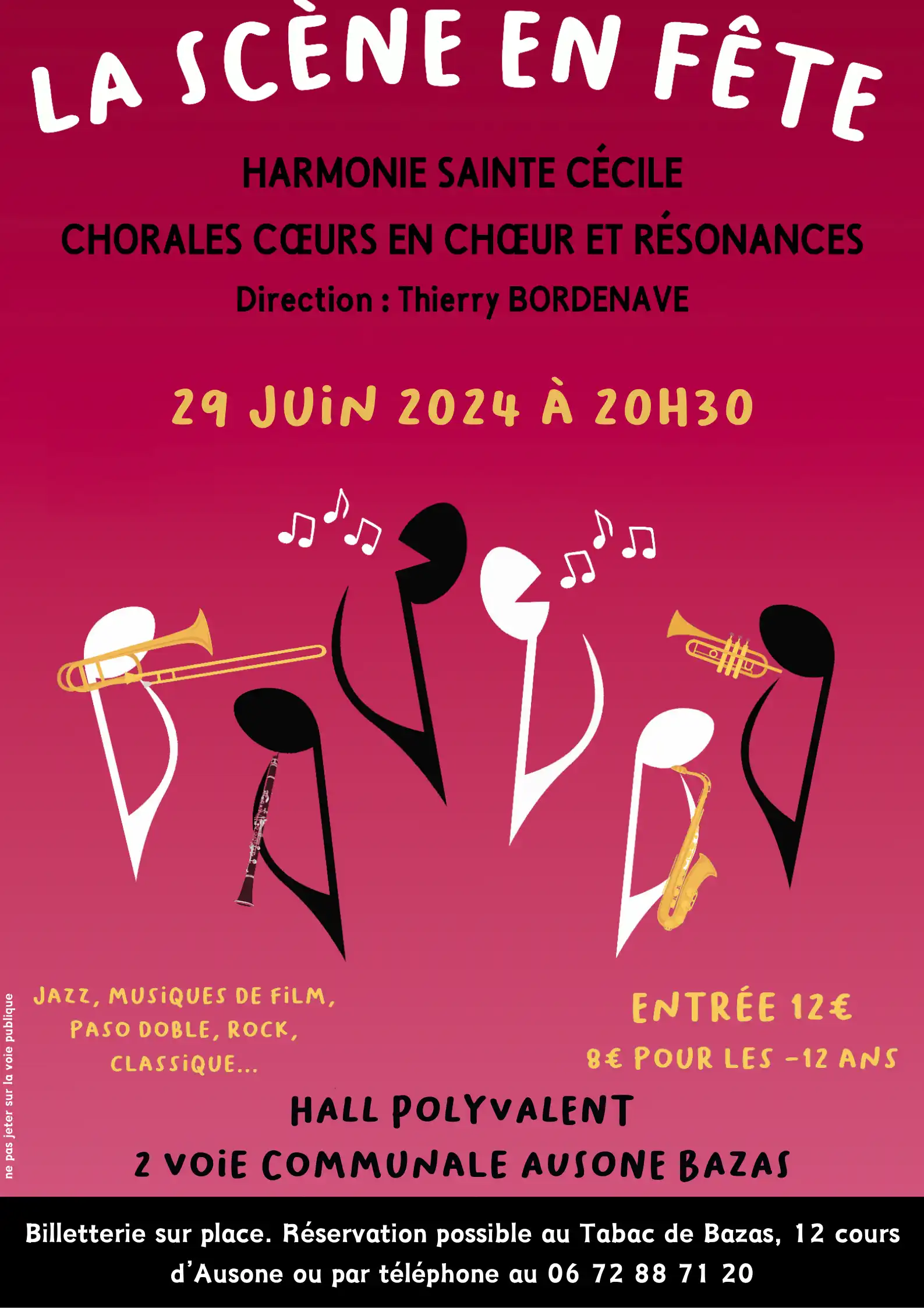 Flyer des concerts La Scène en Fête en juin 2024 au Hall Polyvalent de Bazas.