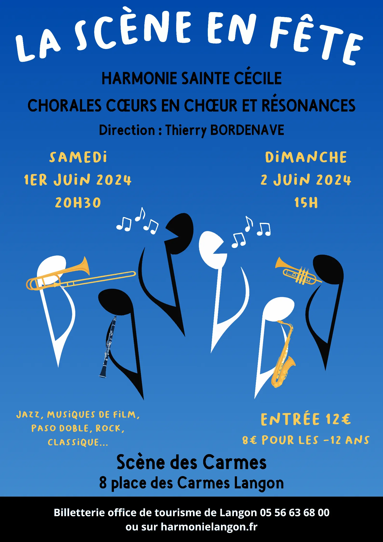 Flyer des concerts La Scène en Fête en juin 2024 au Centre Culturel des Carmes de Langon.